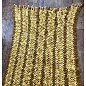 Vintage Crochet Afghan Throw Blanket Mustard Yellow Striped